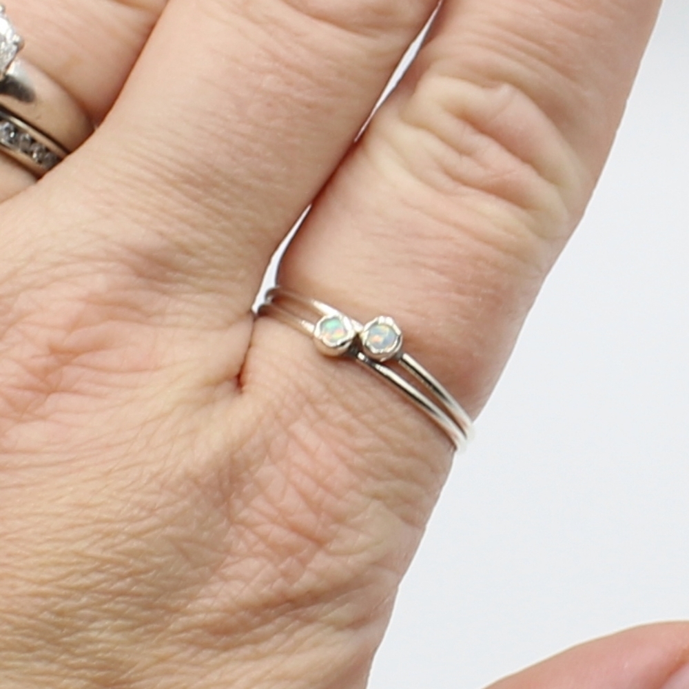 Gorgeous set of 2 silver opal stacking rings